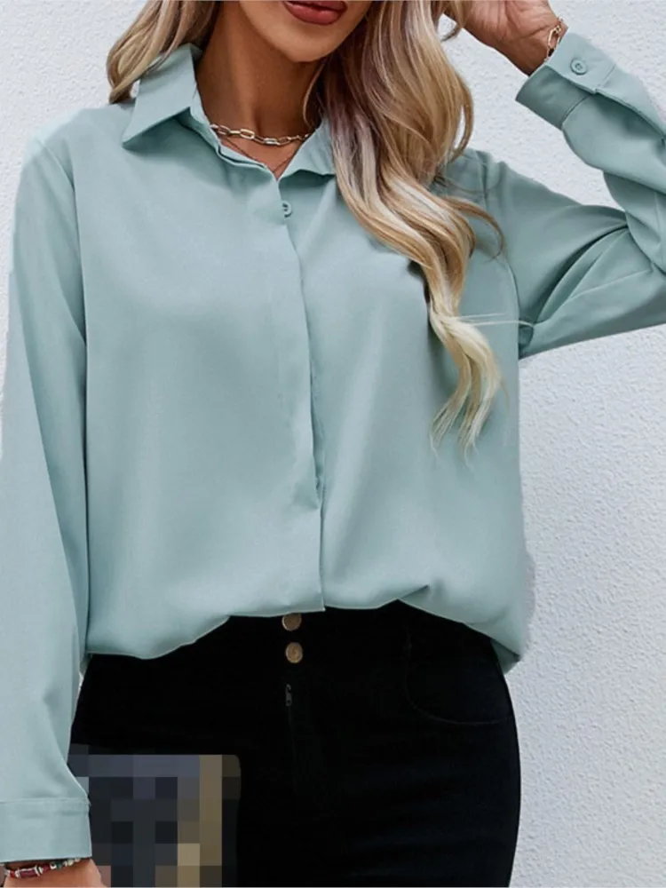 New Women\'s Spring Summer Solid Color Fashionable Lapel Shirt Loose Casual Long Sleeved Single Breasted Shirt Top