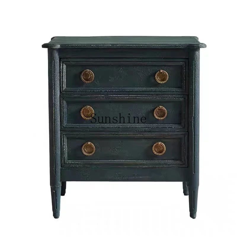 

American rural retro solid wood bedside table black white simple low cabinet