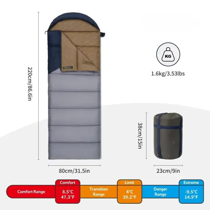 Envelope Sleeping Bag With Hood for Outdoor Camping and Hiking. Compact and Warm Compression Sleeping Bag