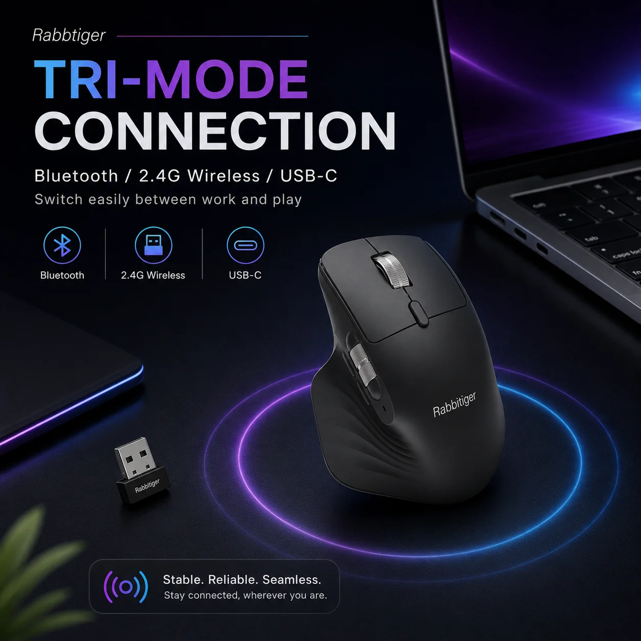2026 Three-Mode E-Sports Mouse, RGB Cool Lighting, Ergonomic Design Supports Three-Mode Connection And Multi-Device Switching.