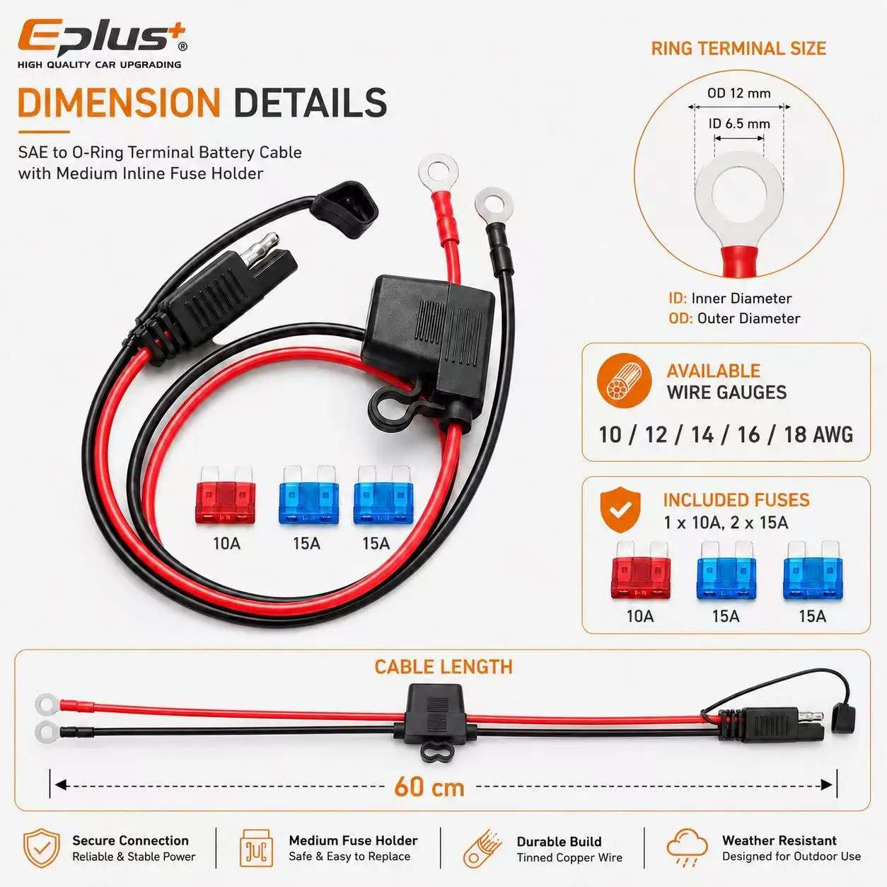 Eplus 10-18AWG 60cm Battery Connection Harness SAE to O Ring Terminal with Built-in Fuse Block for 12V 24V Vehicle & Boat view 2