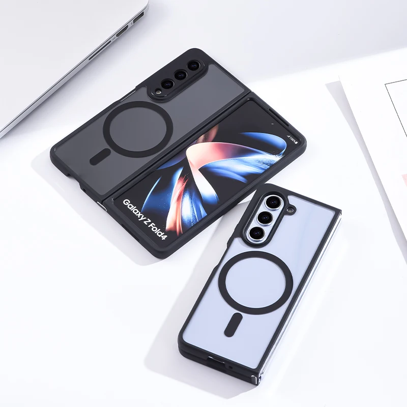 2in1 Transparent Hard PC Magsafe Case For Samsung Galaxy Z Fold 6 5 4 Magnetic Wireless Clear Shockproof Armor Cover Strap