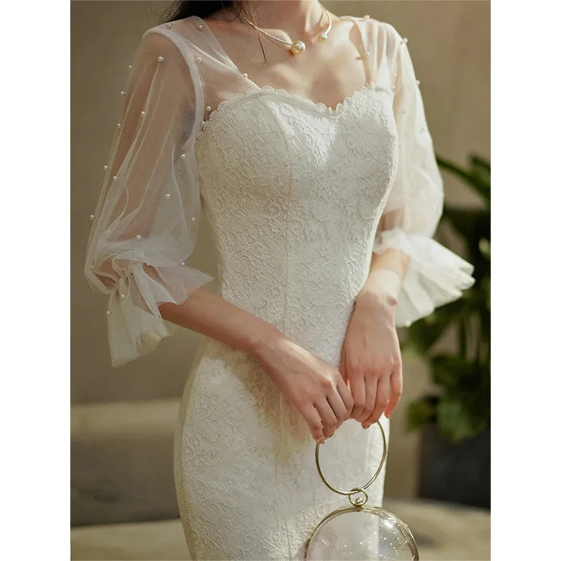 

White Mermaid Dress Lady Elegant Lace Flower Banquet Gown Bride Wedding Dresses Sexy Mesh Sleeve Robe De Soiree Backless Qipao