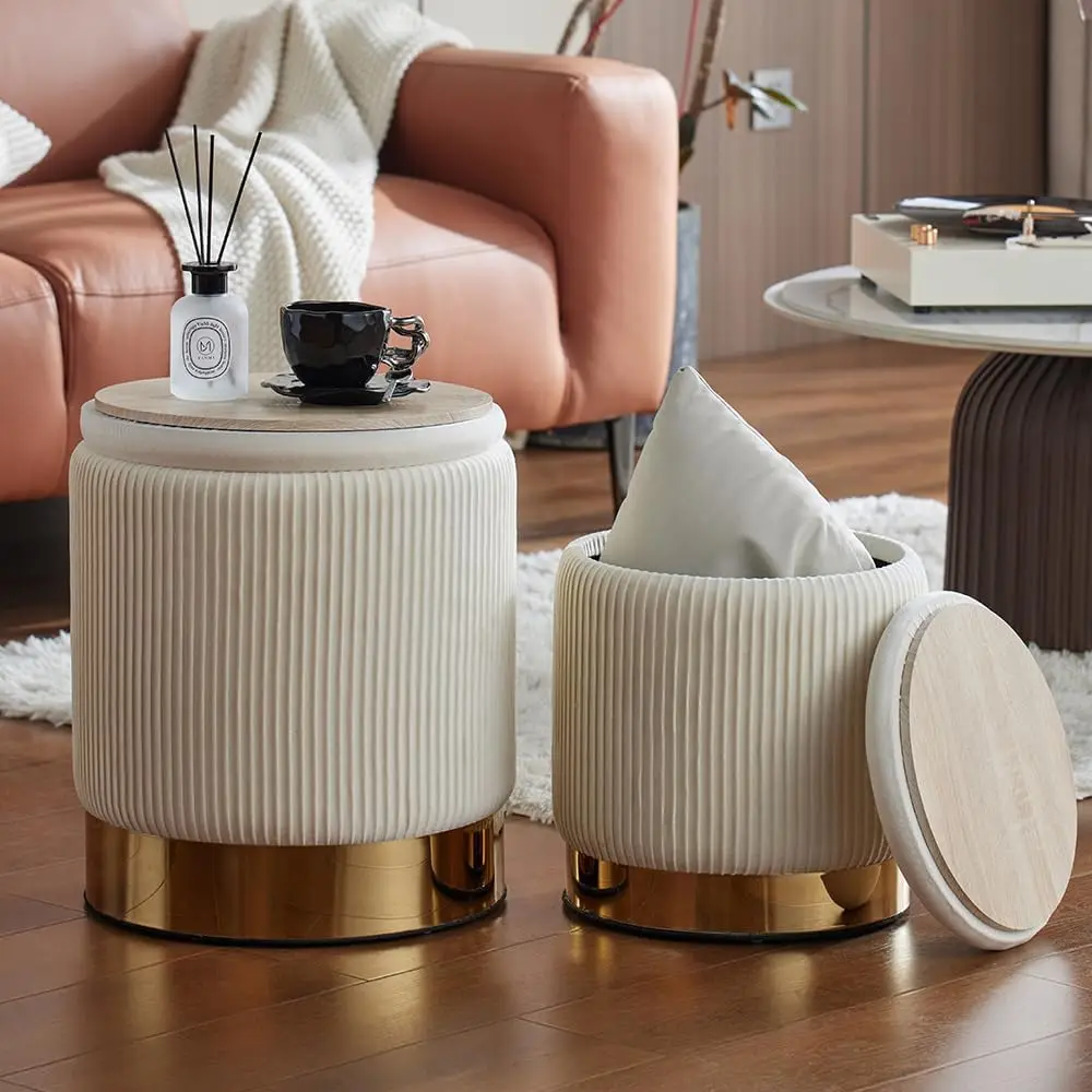 Round Ottoman Storage Set Of 2 - White Velvet For Living Room And Bedroom, Gold With Storage, Modern Circle Vanity Stool Chair