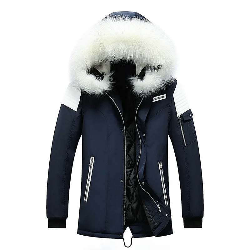 Winter Man Down Jacket Fashion Contrast Color Patchwork Fur Hooded Male Coat Thicken Warm Long Sleeve Mid Length Men Outerwear