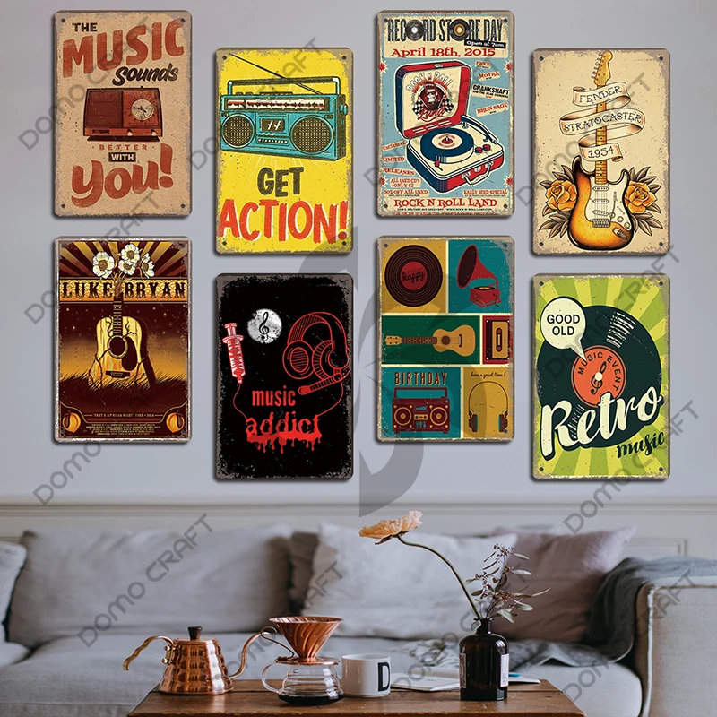 Retro Music Poster Metal Tin Signs Music CD Radio Guitar Singer Vintage Metal Plate Wall Decor Music Party Bar Club Living Room