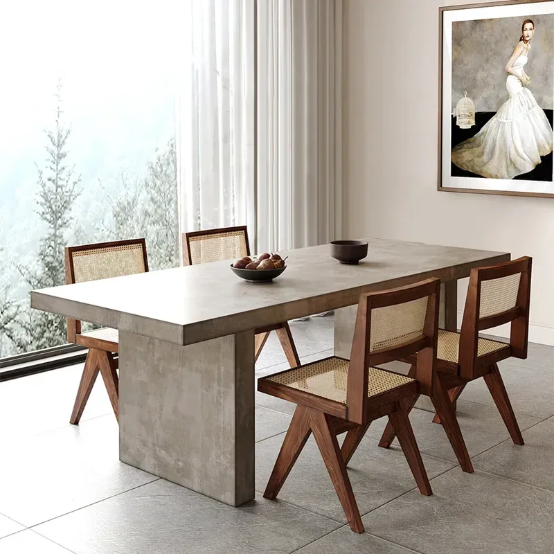 Cement gray desk wabi wind rectangular workbench Nordic solid wood dining table and chairs Home retro desk