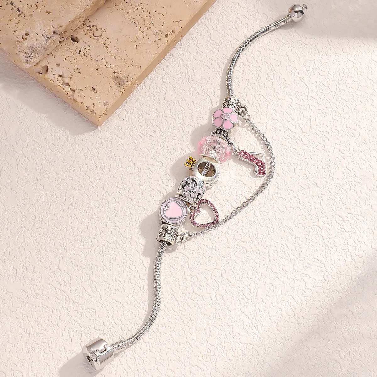 

Heart pink high heels alloy beaded bracelet holiday gift