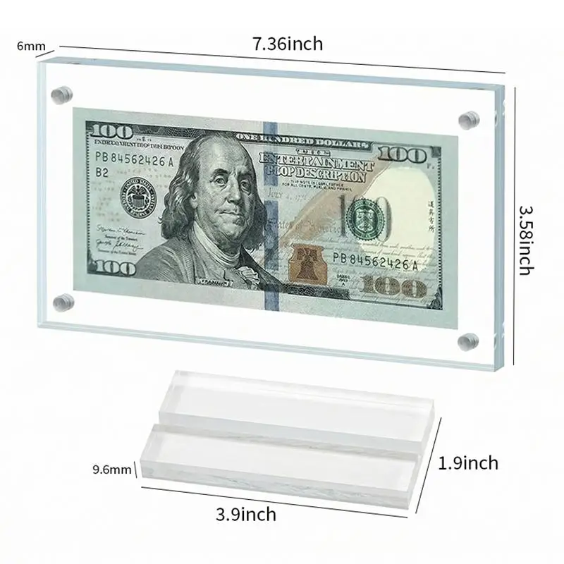 Magnetic Acrylic Dollar Bill Picture Frame Secure Holder with Polished Display Stand for Coins and Currency Collection