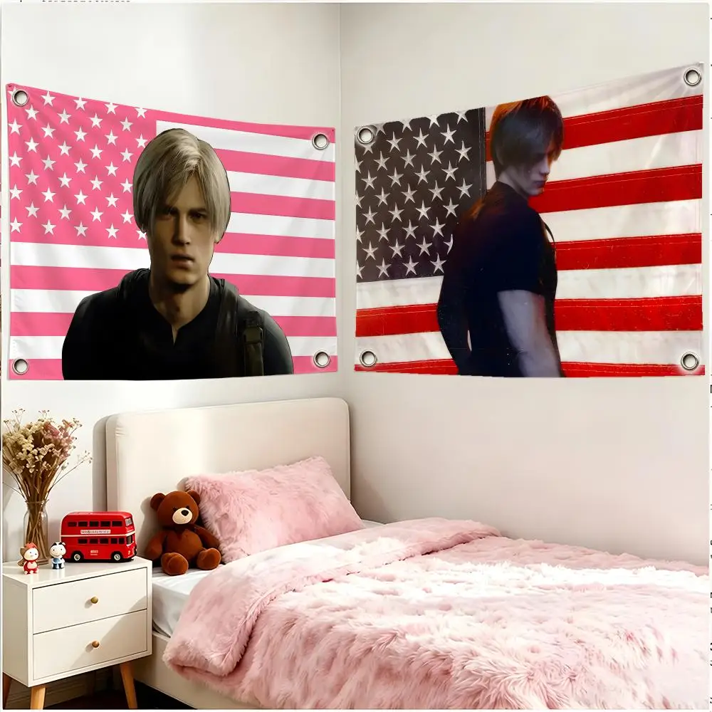 Game Character Resident Evil Leon Flags Borderless Four Ring Ornament Indoor Outdoor Decoration Quick Hang Install