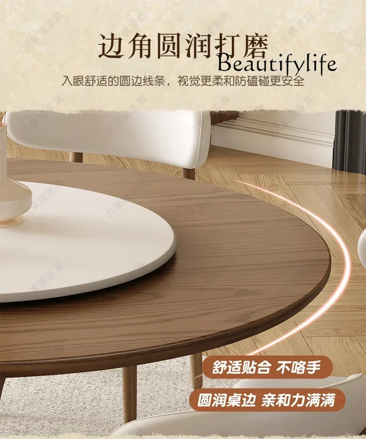 N Retro style ash wood grain solid wood round dining table and chairs French medieval round table with turntable household