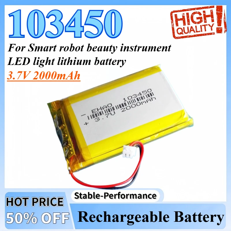 New 103450 3PCS 3.7V 2000mAh Lipo Polymer Lithium Rechargeable Battery + Jst 1.25mm 2pin Plug for Smart Robot Beauty Instrument