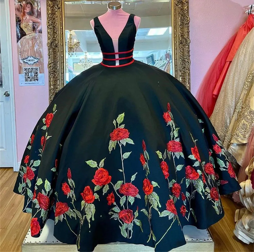 Schwarz charro quince anera kleider ballkleid v-hals satin stickerei puffy süß 16 kleider 15 años mexikanisch