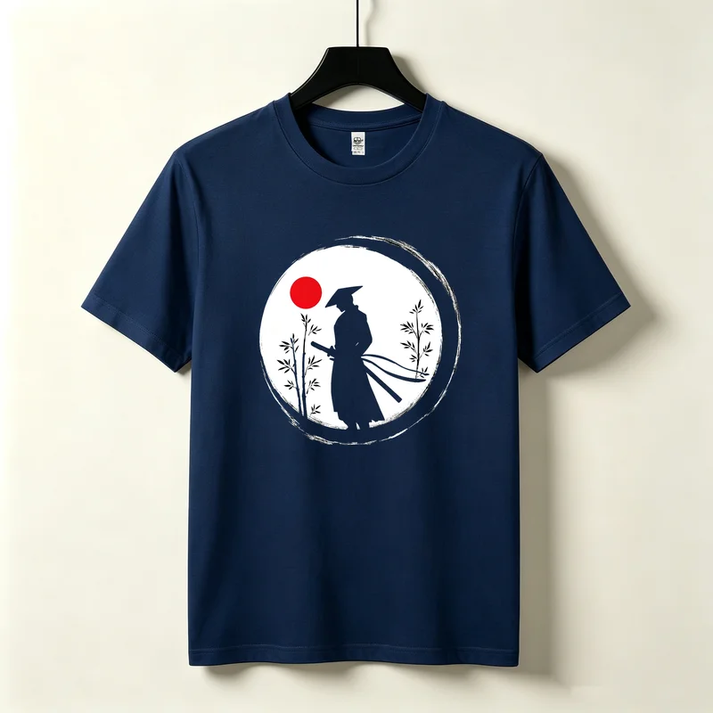 Samurai Silhouette Red Sun Bamboo Circle Enso Ink Brush Traditional Minimalist Zen Oriental Japanese Print Cotton Unisex T-Shirt