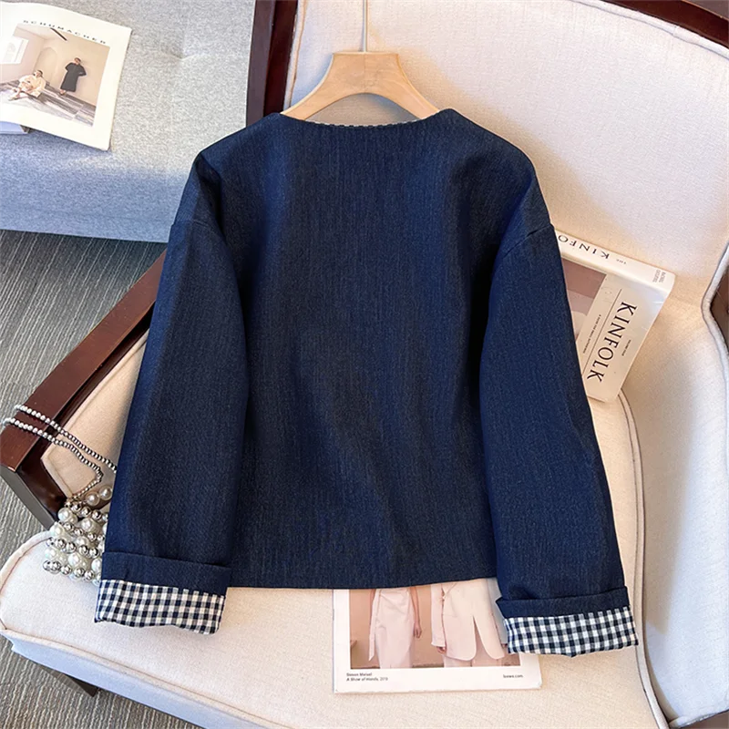 Autumn Women Fashion Plaid Two-Sided Wear Short Denim Jacket Round Neck Single-Breasted Long Sleeve Female Jeans Jacket Coat