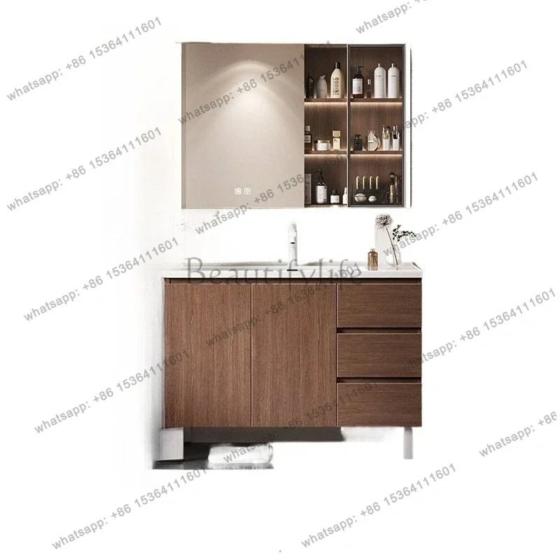 

Walnut ceramic integrated basin bathroom cabinet combination antique floor-to-ceiling washstand cabinet