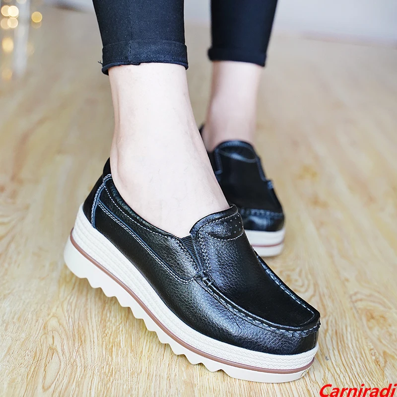 Genuine Leather Height Increase Flatform Shoes Women Spring Slip-on Mother Wedges Casual Sneakers Ladies Plattorm Walking Shoes