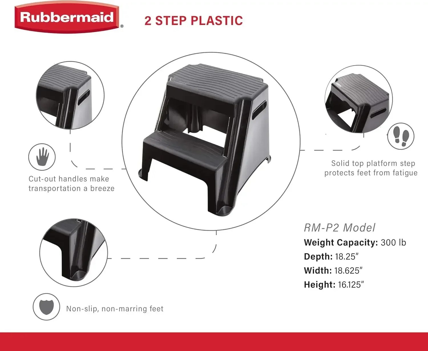 RM-P2 2-Step Molded Plastic Step Stool with Non-Slip Step Treads, 300 lbs. Load Capacity, Lightweight, Black (Amazon Exclusive)