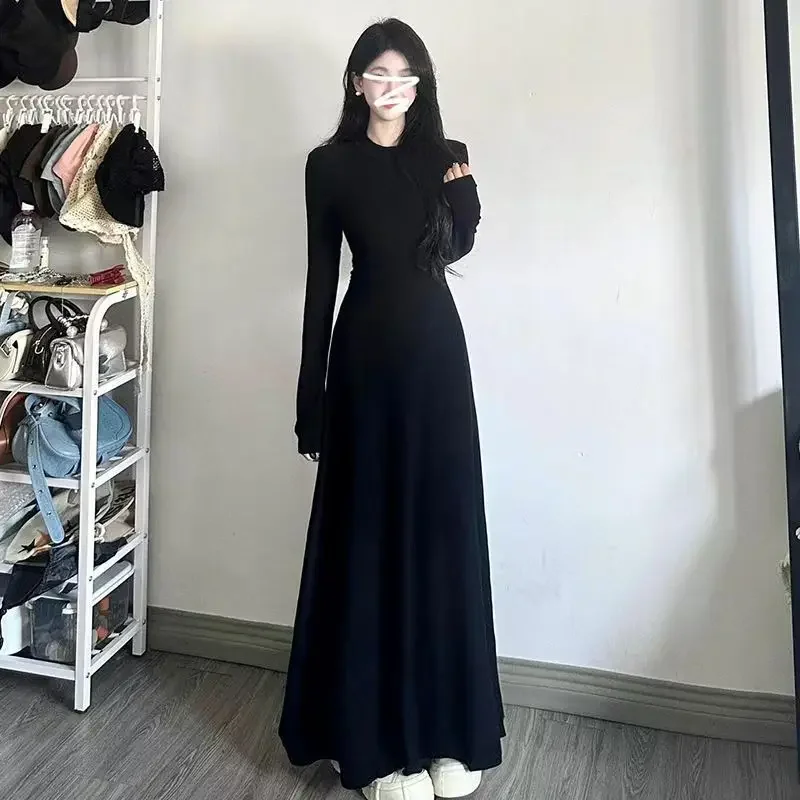 Hebe نمط أنيق فرنسي أسود فستان بكم طويل المرأة أوائل الخريف جديد الخصر مقصوص ثوب التخسيس تصميم دقيق