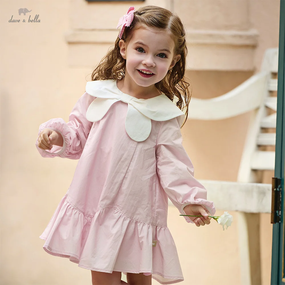 Dave Bella Girls One-Piece Dress Autumn Spring Children Cotton Skirt Long Sleeved Casual Sweet Outerwear Kids Clothing DB1260379
