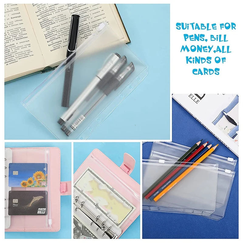 48 Pieces Binder Pockets 6 Holes Zipper Binder Pouch Folders Clear Waterproof PVC Loose Leaf Bags