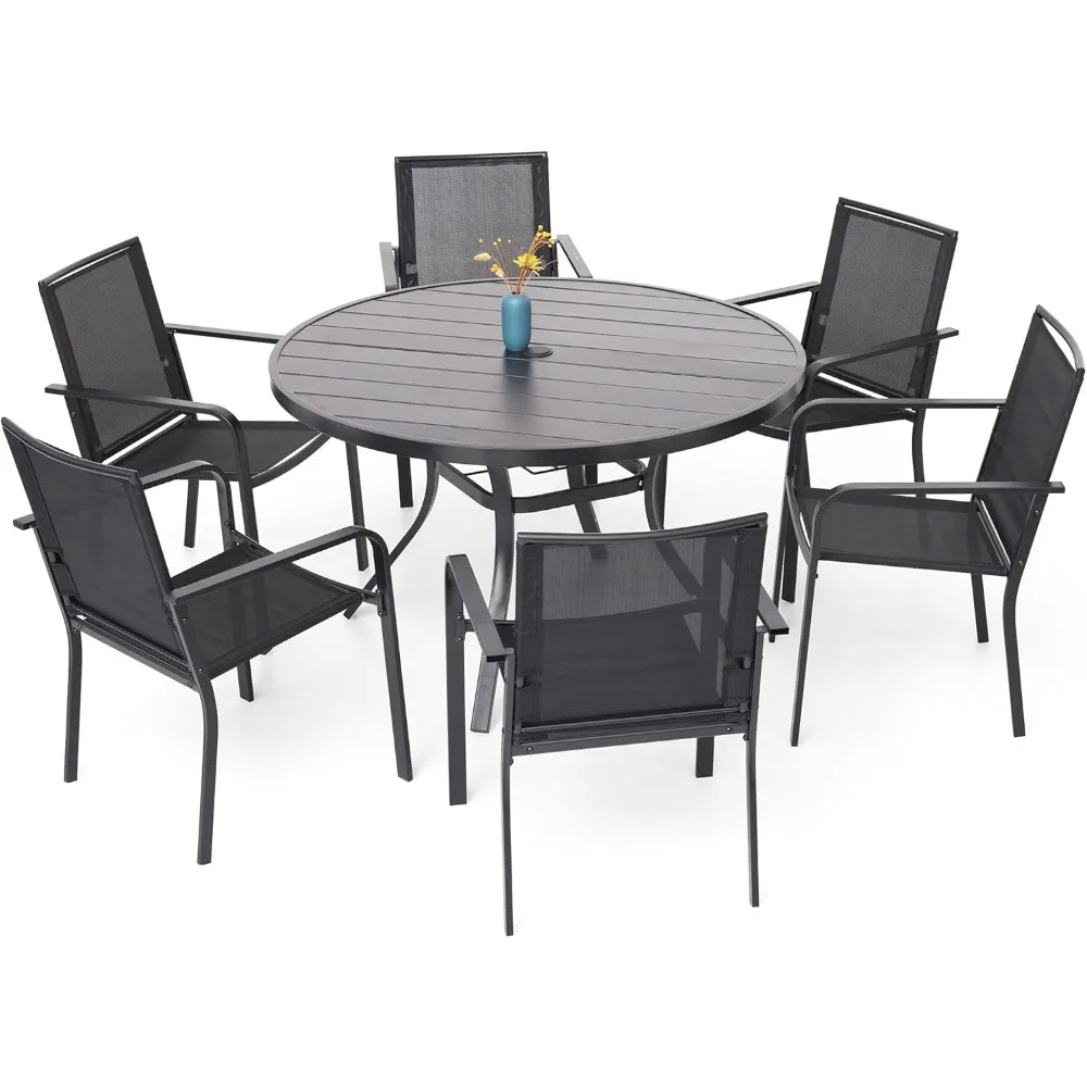 7-Piece Outdoor Patio Dining Set, 6 Stackable Chairs & 48-inch Round Weather-Resistant Table with Umbrella Hole for Lawn,Deck,Ba