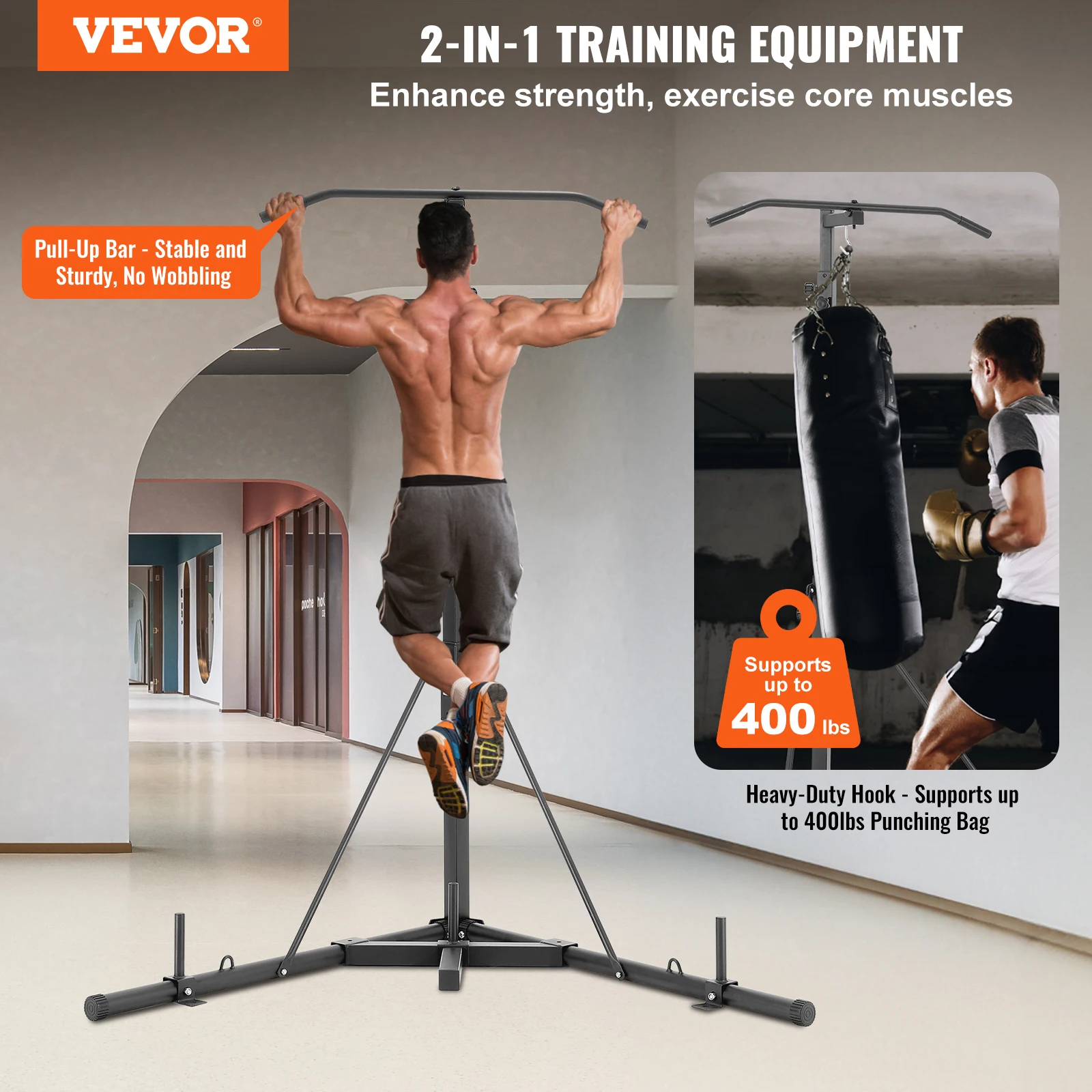 VEVOR 2 in 1 Punching Bag Stand Steel Heavy Duty Workout Equipment Adjustable Height with Pull Up Bar Holds Up to 400 lbs