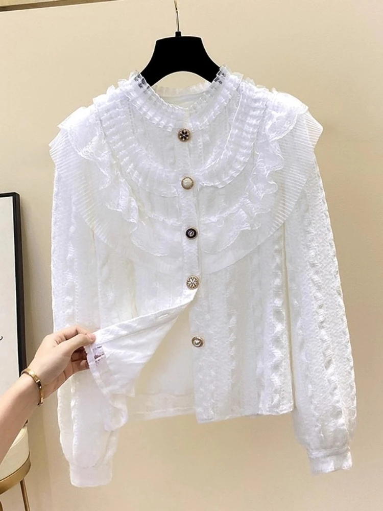 2025 New White Shirt Fashion Collar Ruffled Lace Shirts Autumn Winter Fleece-Lined Thickened Long Sleeve Top Inner Base Blouses