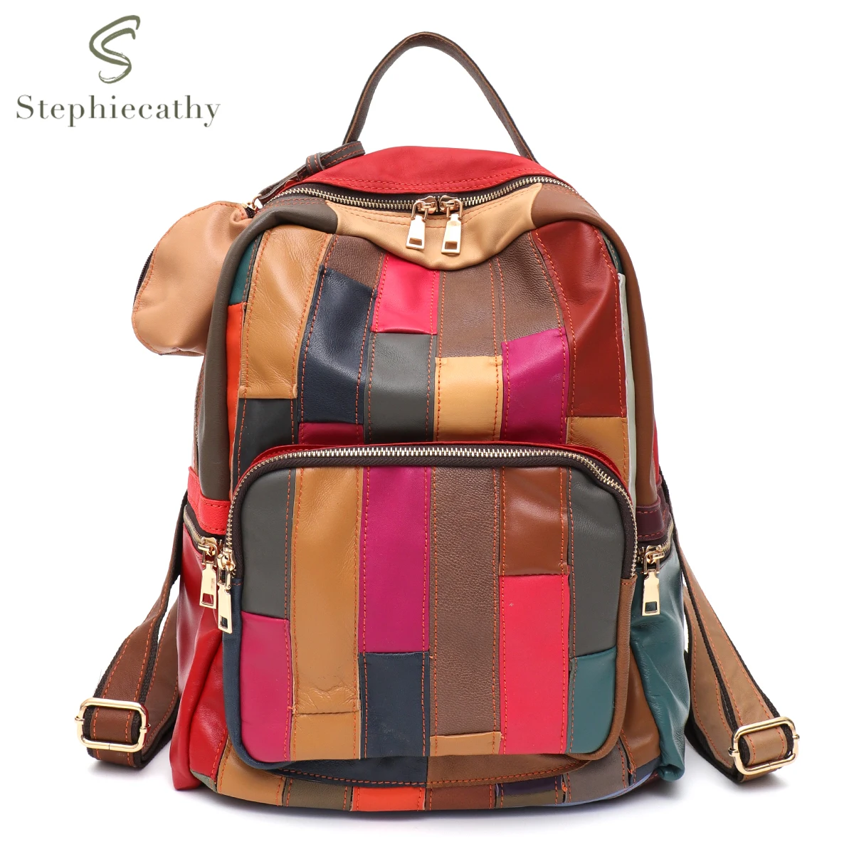 SC Ultra Large Capacity Backpack Colorful Leather Patchwork Women Casual Real Lambskin Shoulder Bag Soft Slouchy Retro Knapsack