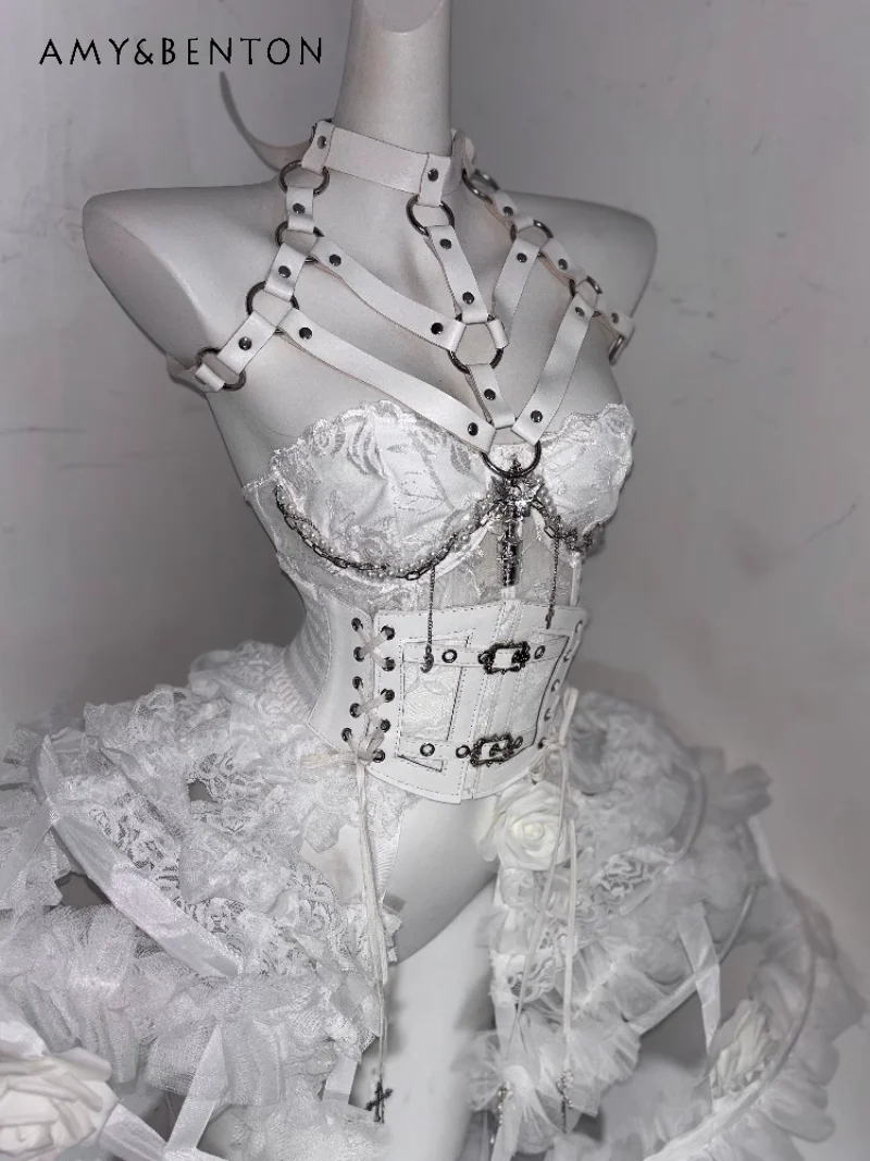 High Quality Pure White Gothic Rib Shaped Fishbone Corset+three-dimensional Lace Birdcage Short Skirt Split Dress Party Dress