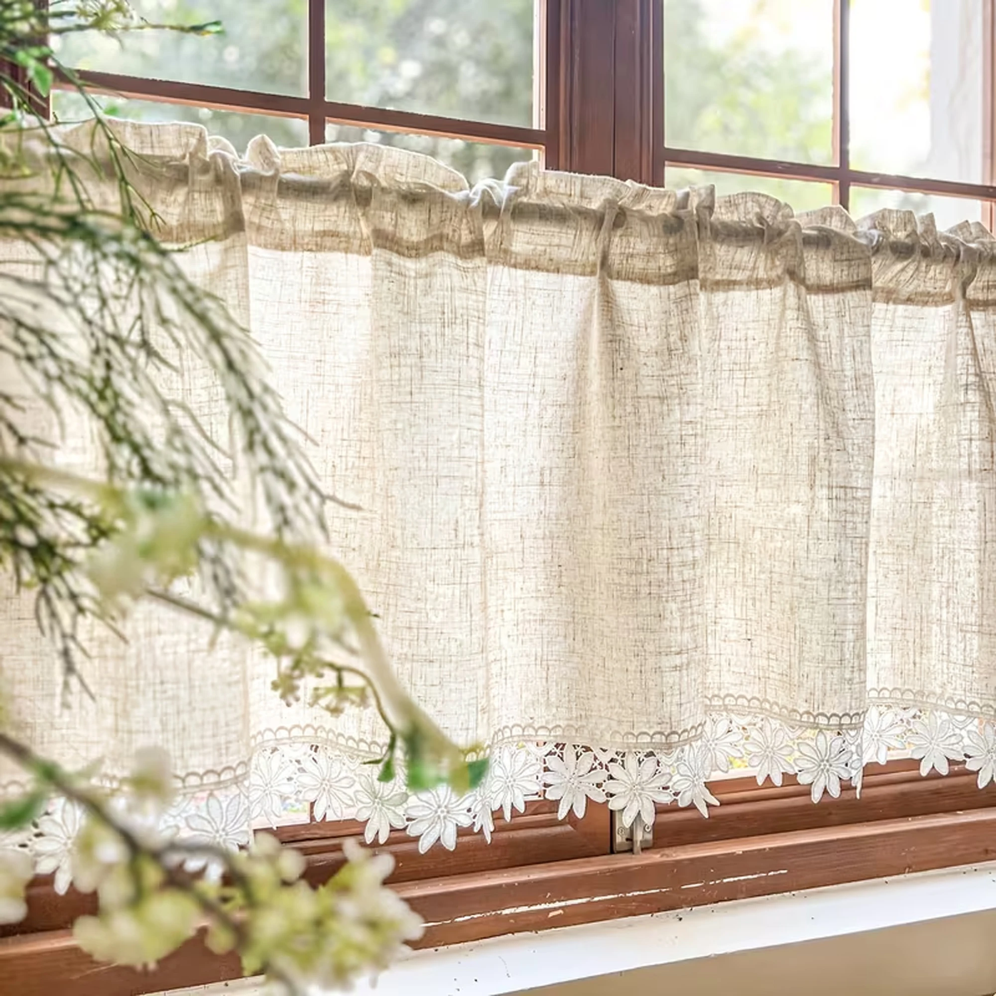 1pc Rustic Linen Cafe Curtain, Short Window Valance with White Daisy Lace Trim, Light Filtering Half Curtain for Kitchen Cabinet