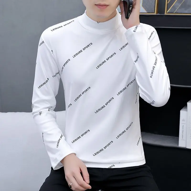 2023Autumn and Winter Men\'s Pullover Half High Neck Printed Slim Fit German Velvet Bottom Shirt Fashion Casual Long Sleeve Tops