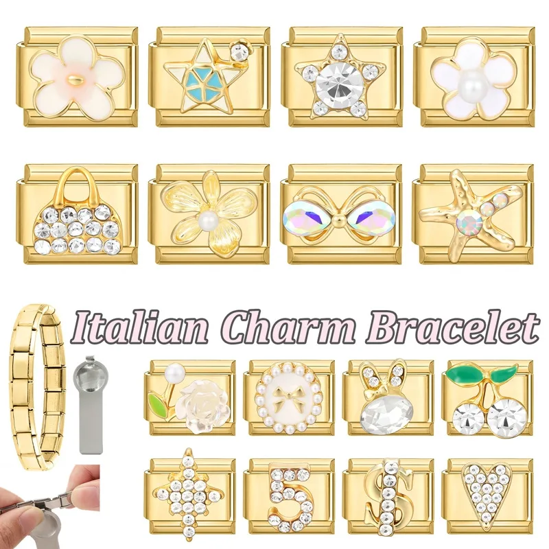 Shiny Zircon Rose Starfish Bag Bow Heart Cherry Star Gold Color Italian Charm Links Fit 9MM Stainless Steel Bracelet DIY Making