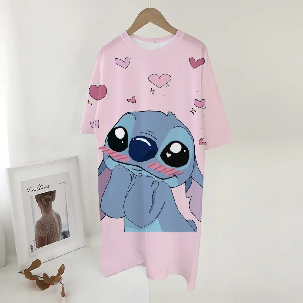 Tamanho da etiqueta feminina verão casual manga curta vestidos de noite casual o pescoço disney stitch impressão vestidos brancos novo wo