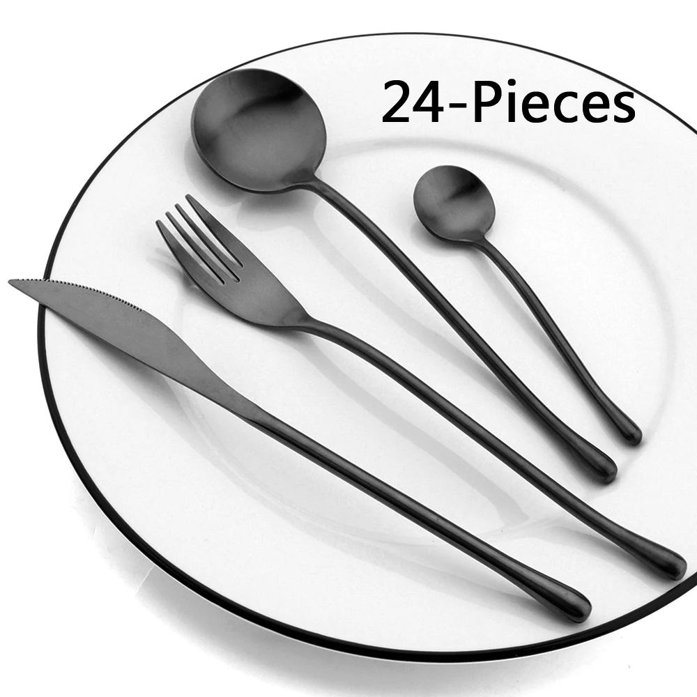 

24Pcs Matte Black Cutlery Set Knife Fork Spoon Dinner Set 18/10 Stainless Steel Dinnerware Western Flatware Tableware Kitchen