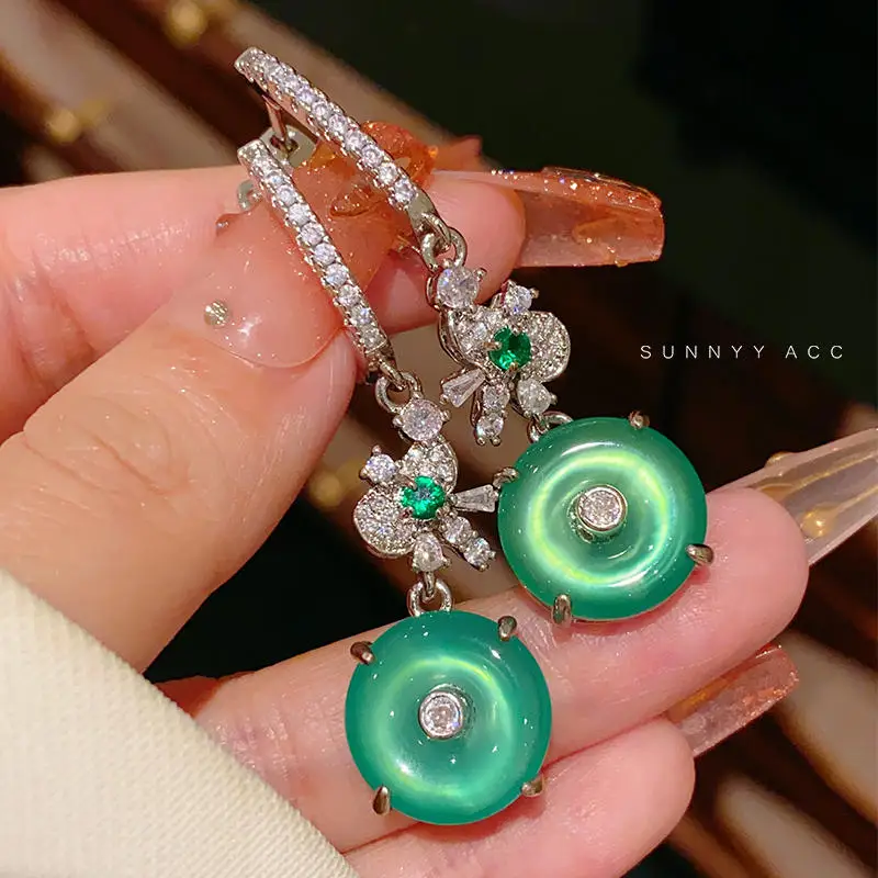 Green Jadeite Peace Buckle Drop Earrings for Women Fine Vintage Jewelry Ethnic Style Agate Party Accessories Stud Long Earring