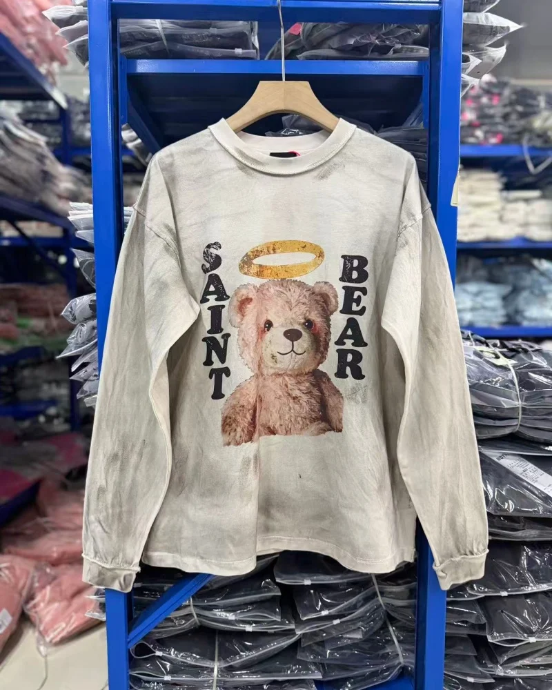 27SS High Street False Perception Angel Bear Round-Neck Fall Men Women Washed Cotton Premium Long-Sleeve T-Shirt