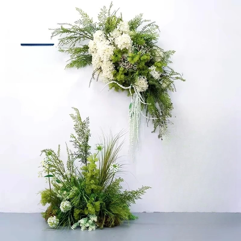Green wedding decoration walkway fake grass outdoor aisle flower table white flower runner flower arrangement