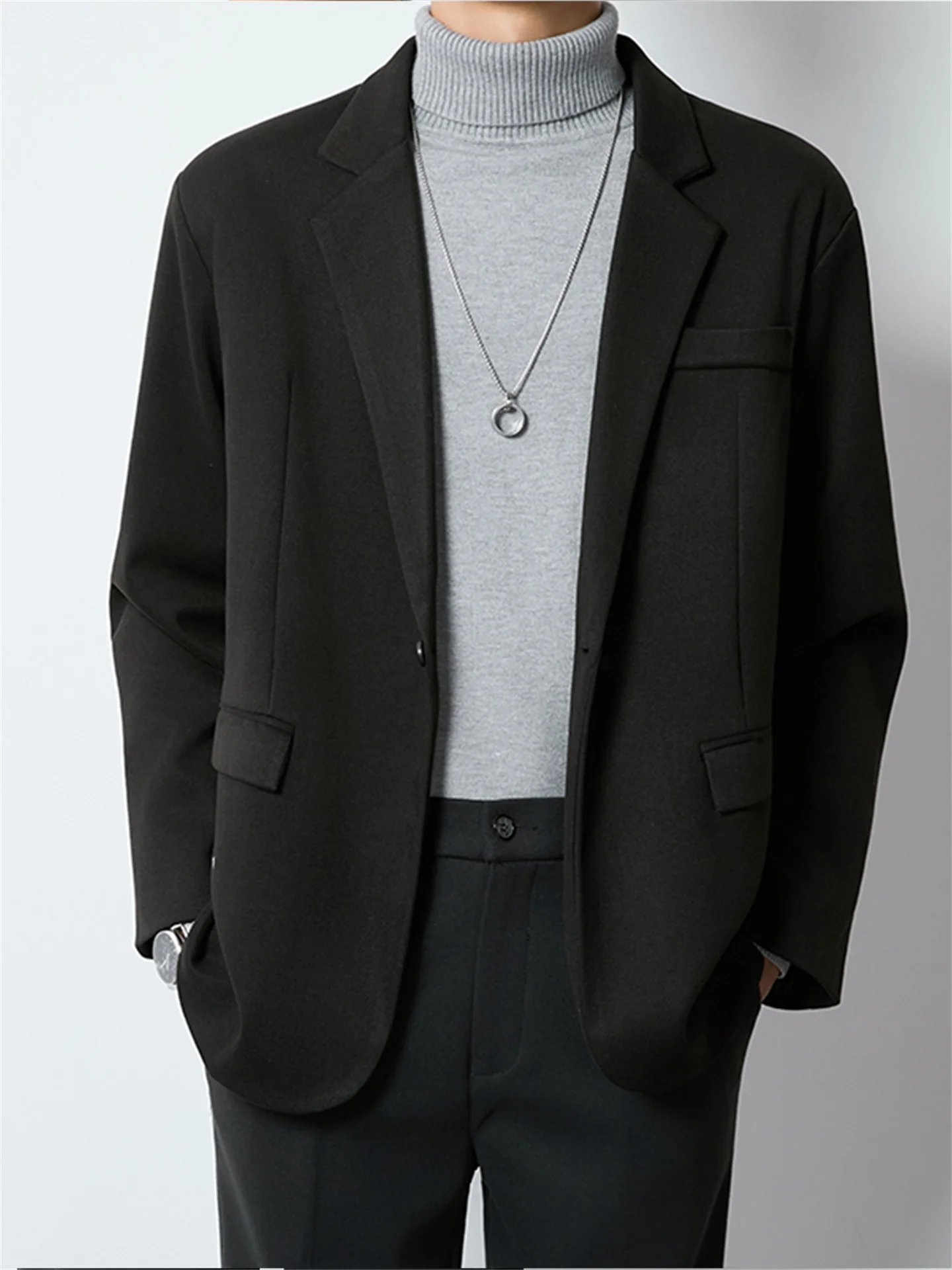 Men Tweed Suit Jacket Spring Autumn Casual Solid Color Lapel One Button Coat Korean Fashion Simple Commuting Male Blazer