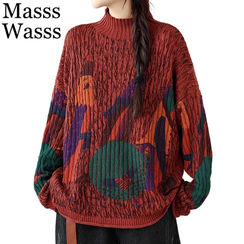 

Mass Wasss 2025, водолазки с принтом, джемперы, женские модные свободные свитера, женские зимние повседневные винтажные пуловеры большого размера