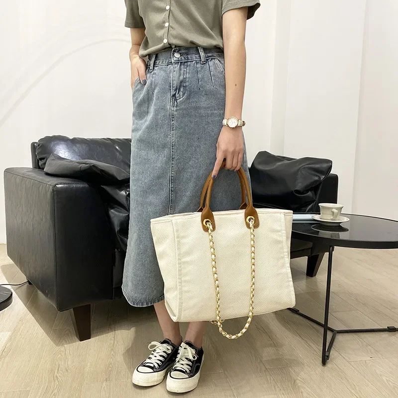 canvas bag  Bucket bag high-capacity hand-held single shoulder cross-body chain tote bag beach holiday bag