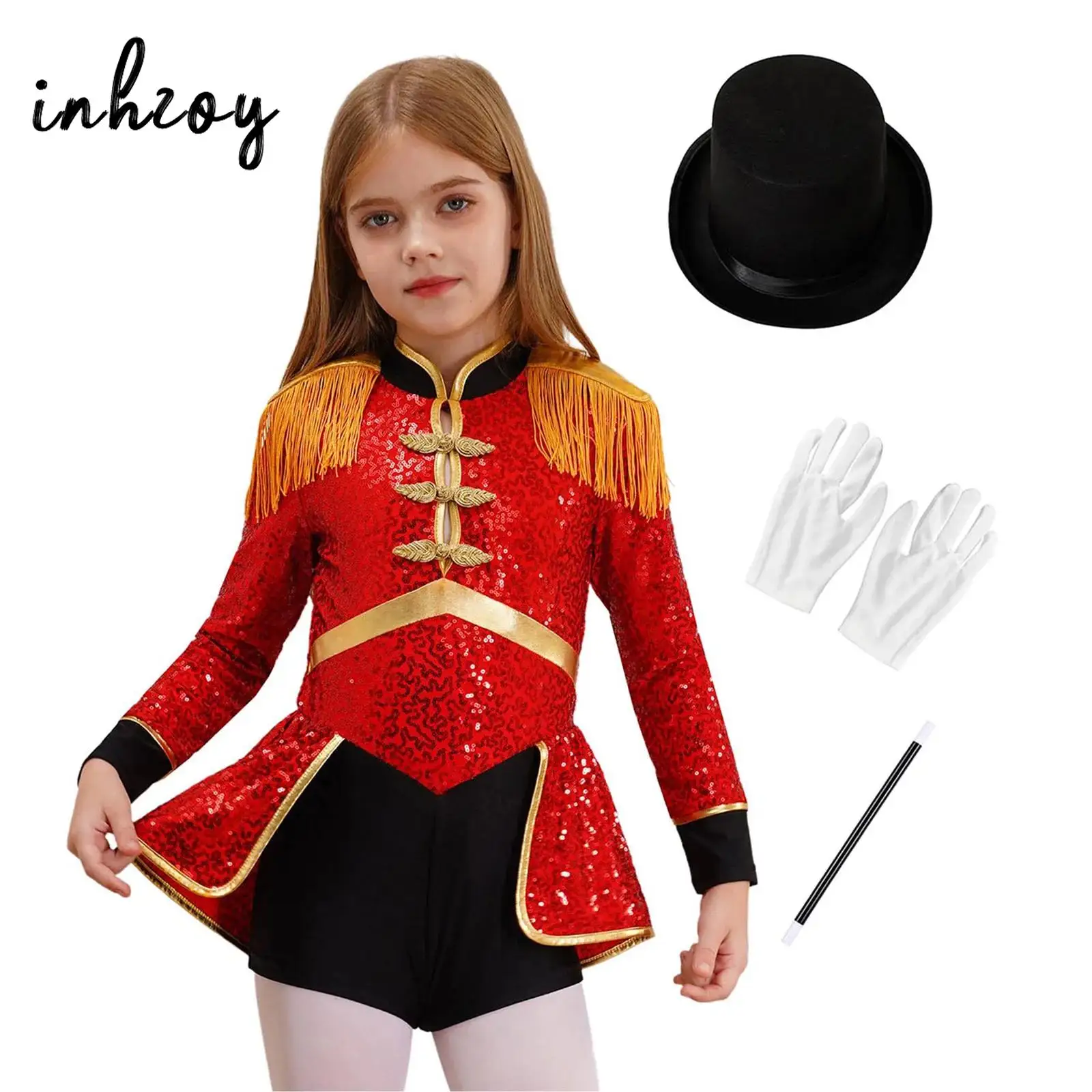 4Pcs Circus Ringmaster Costume for Girls Magician Shows Sequins Bodysuit with Magic Wand Hat Gloves Drum Major Majorette Outfits