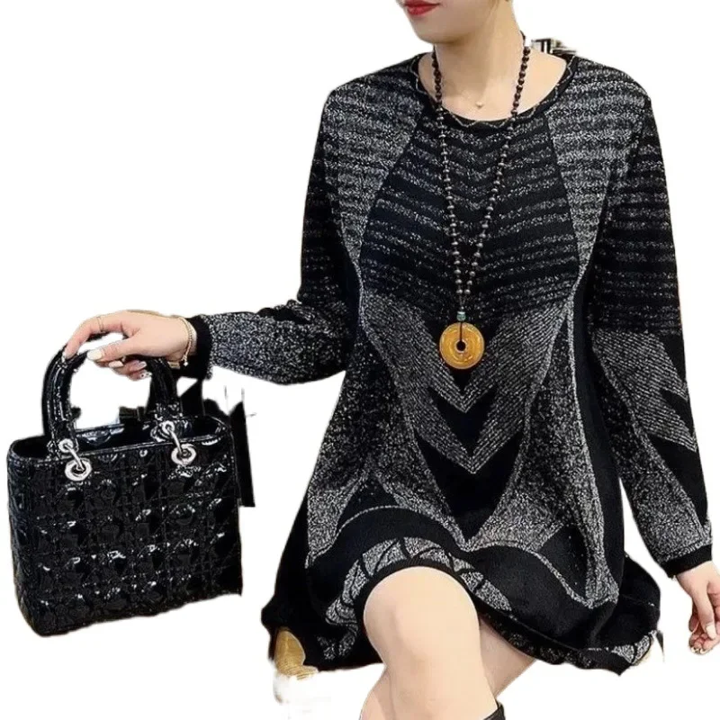 Casual Geometric Fashion Bright Silk Sweaters Autumn Winter Long Sleeve Female Clothing Round Neck Korean Midi Knitted Jumpers