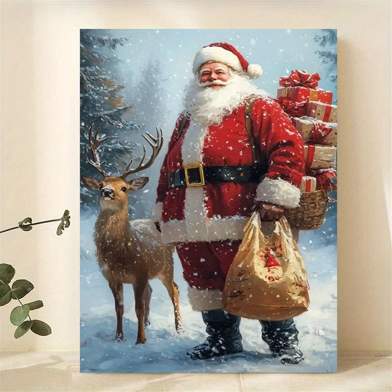 

12X16" Festive Santa & Reindeer Canvas Print - Frameless Holiday Wall Art For Home, Office, Cafe| Vibrant Winter Scene With
