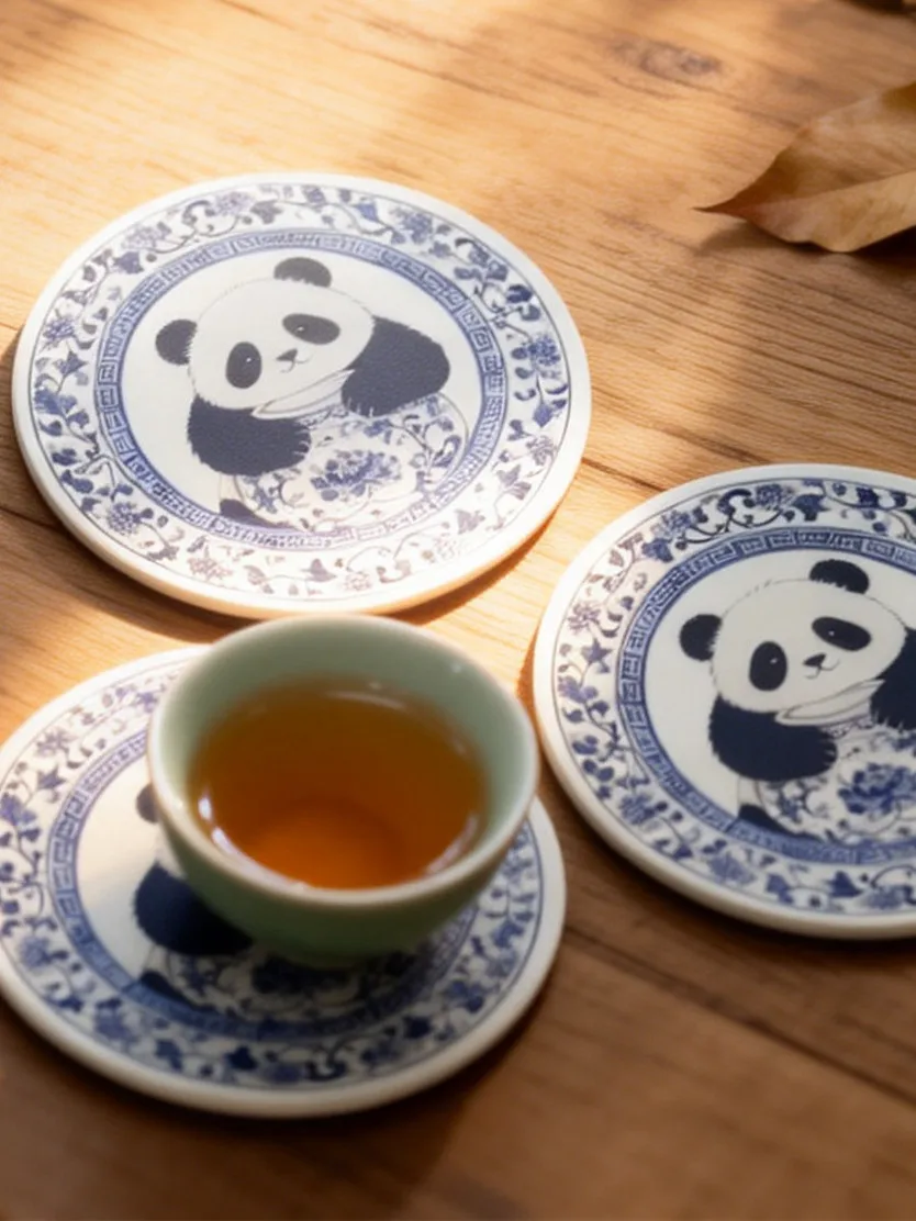 New Chinese Style Ceramic Blue Patterned Cup Mat Cultural Creative Panda Tea Tray Mat Gift Box Cartoon Element Song Yuan Period