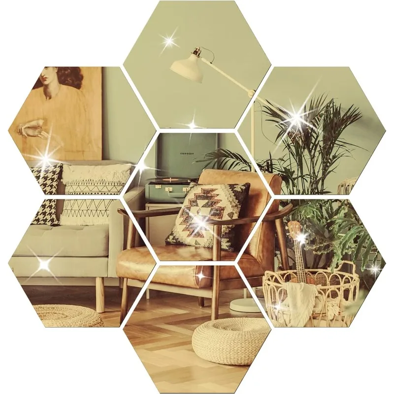 DIY Wall Decals Acrylic Mirror Sticker Set 24 Pcs, Hexagon Mirror Wall Stickers for Living Room Bedroom Decor (Gold) 80x70x40mm