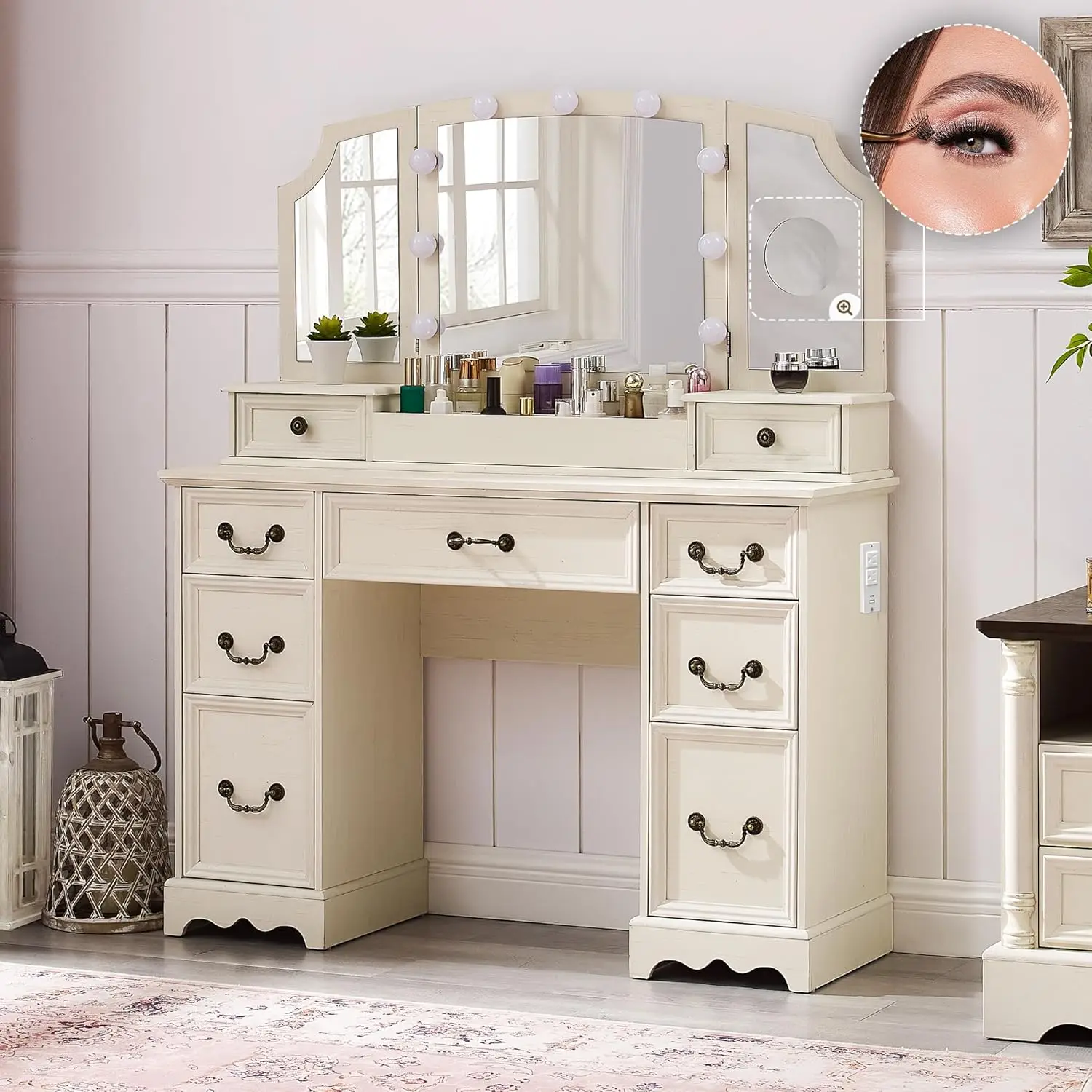 

51" Large Vanity Desk with Mirror & 3 Color Lights, Makeup Vanity Table with 9 Drawers and Top 6 Storage