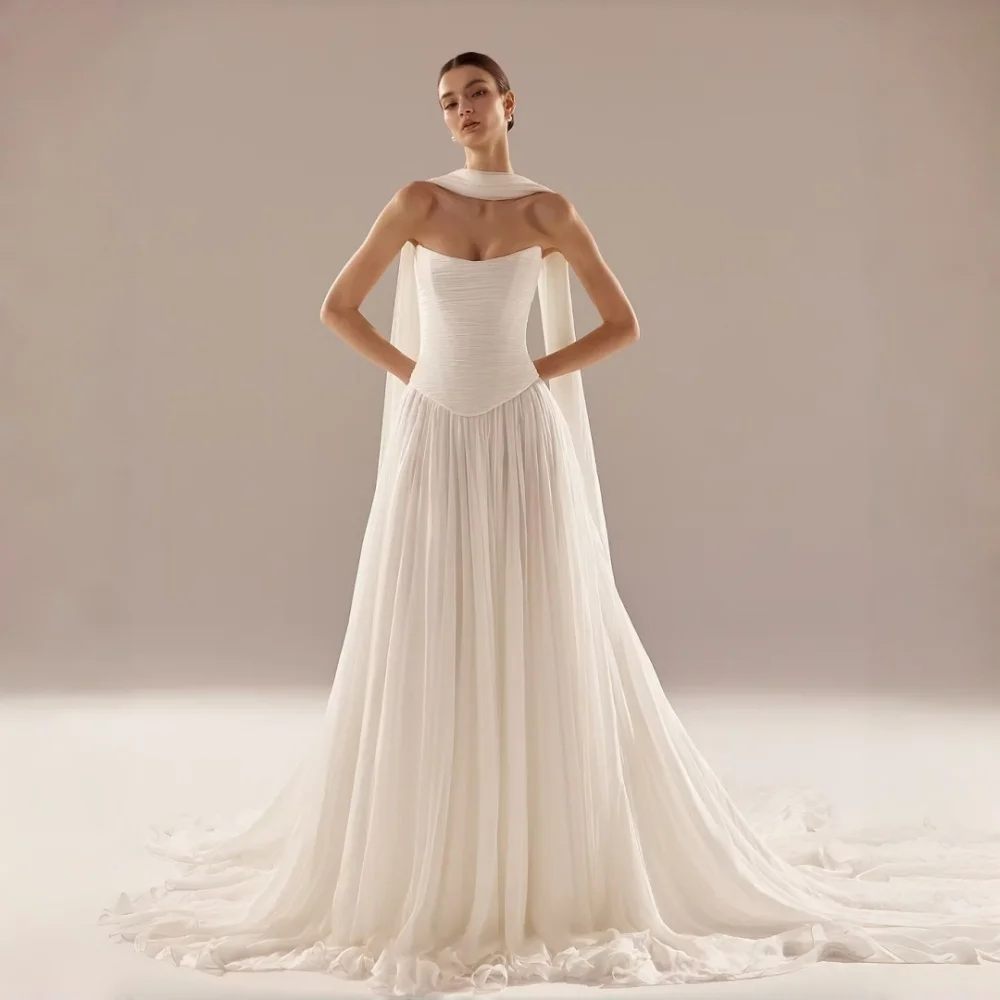Customized A-Line Chiffon Wedding Dresses With Flowing Scarf Strapless Sleeveless Pleated Backless Train Simple Bridal Gown 2026