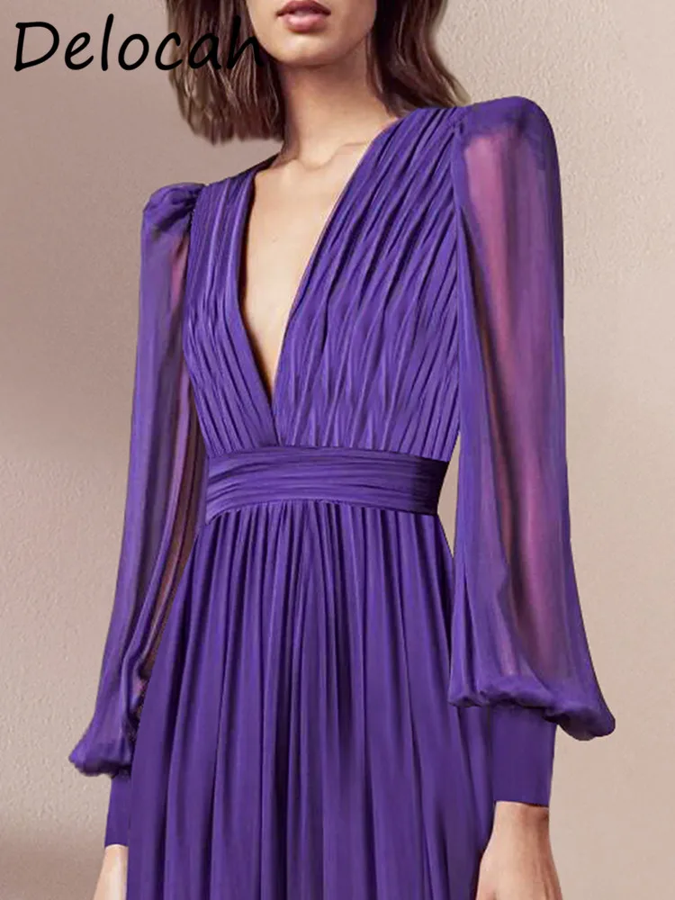 Delocah Design Sense Purple Feminine Waist Fold  Long Sleeve V-neck Skirt Flowing One-piece Dress Spring Summer Long Dress