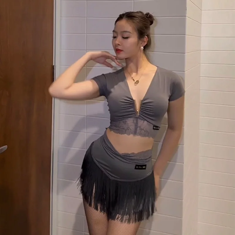New Latin Dance Costume Women Short Sleeves Lace Blouse Tassel Skirt Cha Cha Samba Dance Practice Performance Dancewear DNV23754